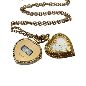 Women's Pendant Necklace Heart Watch Combo Digital and Analog -Fresh Batteries